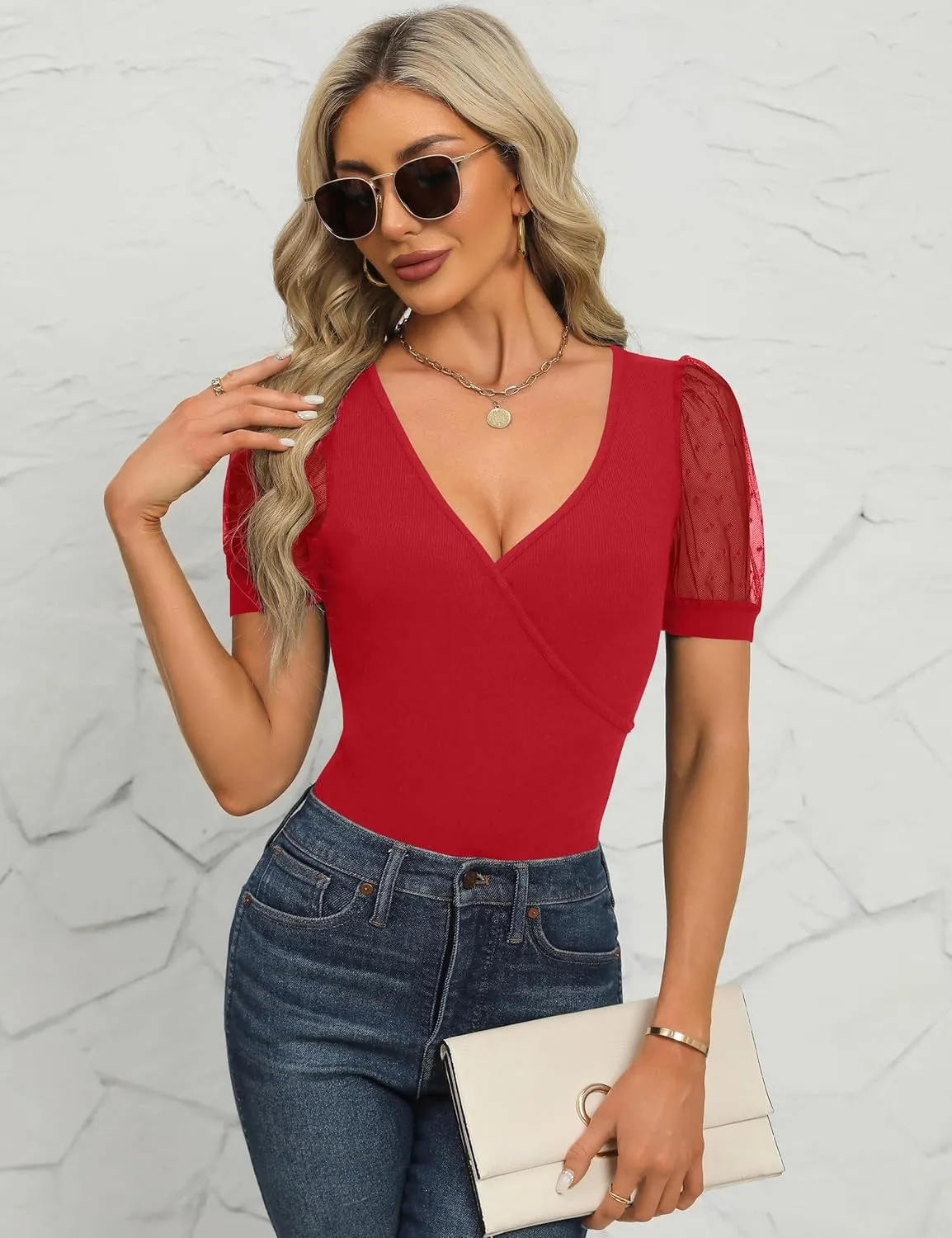 Fayenne Womens Tops Deep V Neck Cross Wrap Sexy Tops Polka Dot Mesh Short Sleeve T Shirt Casual Blouses