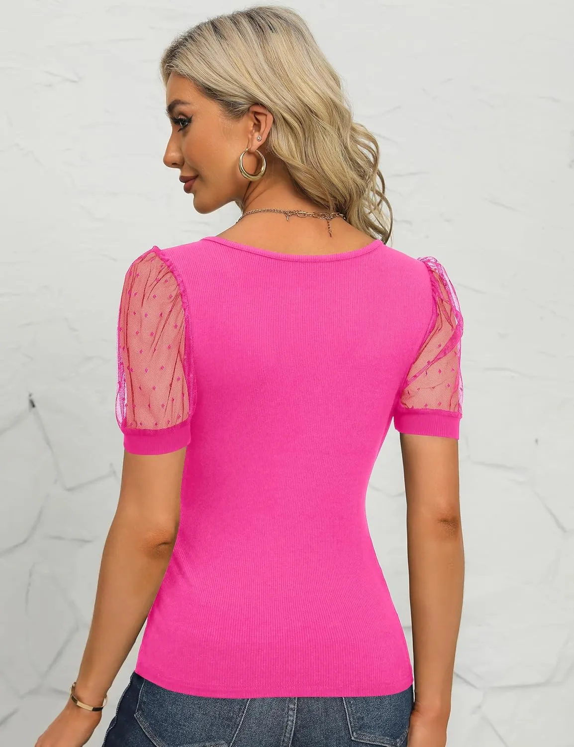 Fayenne Womens Tops Deep V Neck Cross Wrap Sexy Tops Polka Dot Mesh Short Sleeve T Shirt Casual Blouses