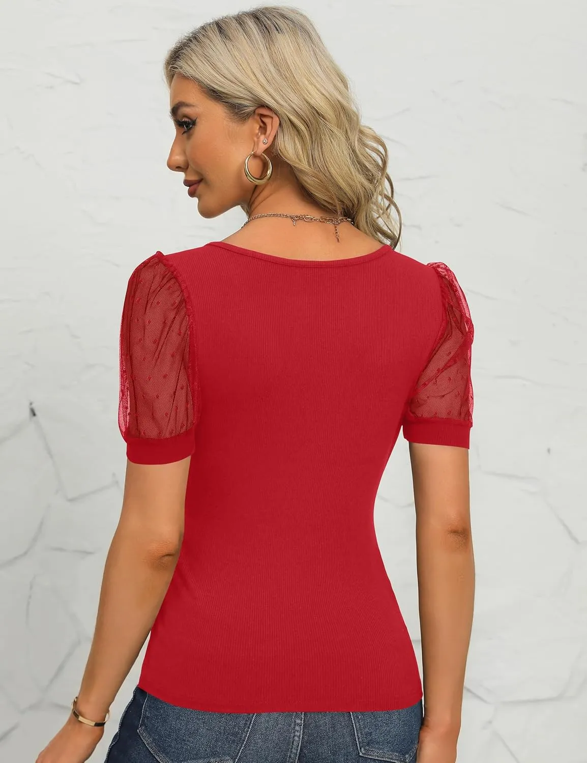 Fayenne Womens Tops Deep V Neck Cross Wrap Sexy Tops Polka Dot Mesh Short Sleeve T Shirt Casual Blouses
