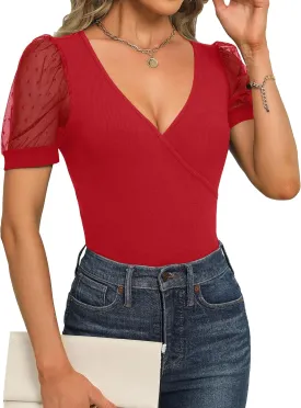 Fayenne Womens Tops Deep V Neck Cross Wrap Sexy Tops Polka Dot Mesh Short Sleeve T Shirt Casual Blouses