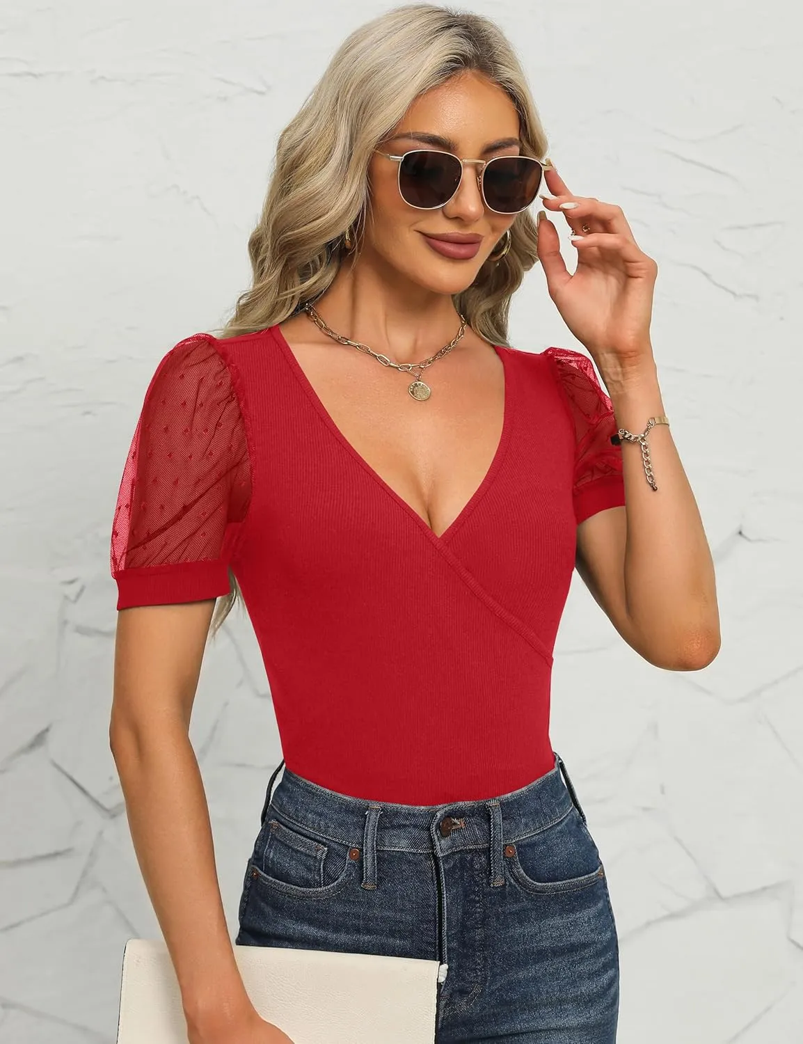 Fayenne Womens Tops Deep V Neck Cross Wrap Sexy Tops Polka Dot Mesh Short Sleeve T Shirt Casual Blouses