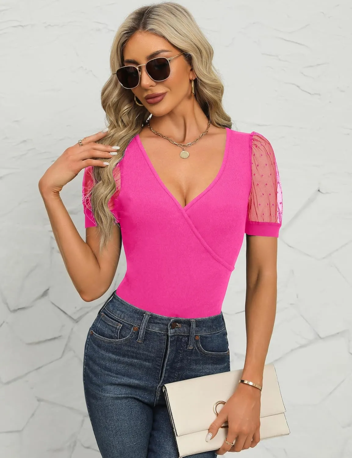 Fayenne Womens Tops Deep V Neck Cross Wrap Sexy Tops Polka Dot Mesh Short Sleeve T Shirt Casual Blouses