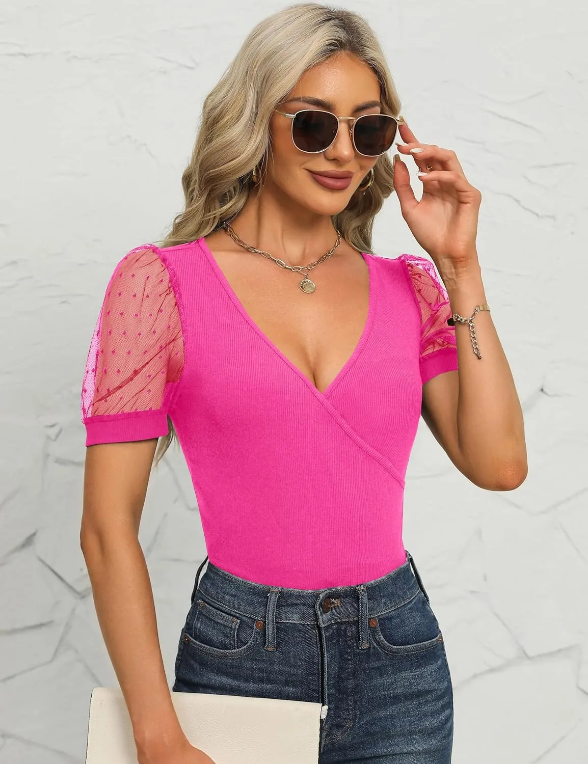 Fayenne Womens Tops Deep V Neck Cross Wrap Sexy Tops Polka Dot Mesh Short Sleeve T Shirt Casual Blouses