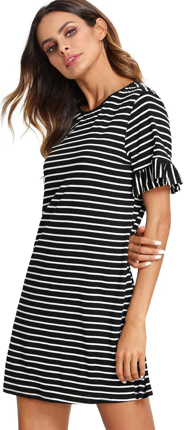 Floerns Women's Summer Casual Ruffle Short Sleeve Tunic Striped T-Shirt Dress