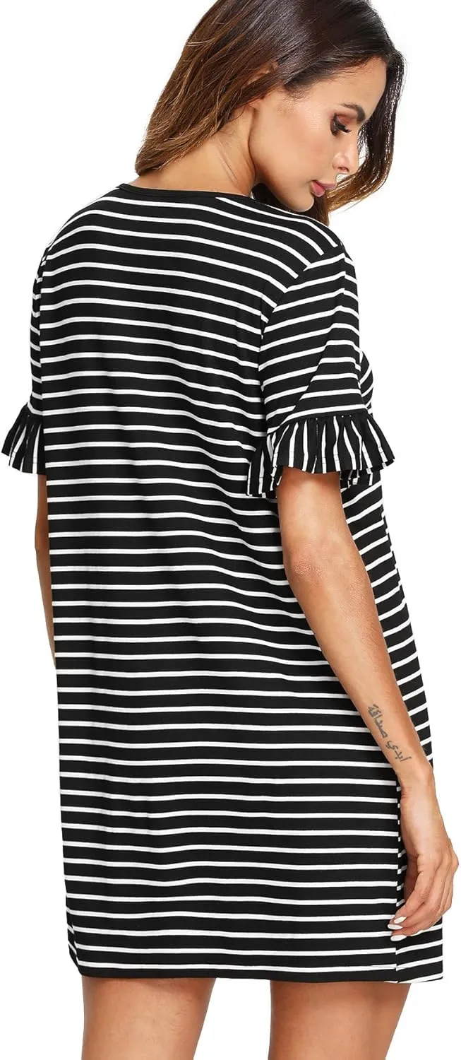 Floerns Women's Summer Casual Ruffle Short Sleeve Tunic Striped T-Shirt Dress