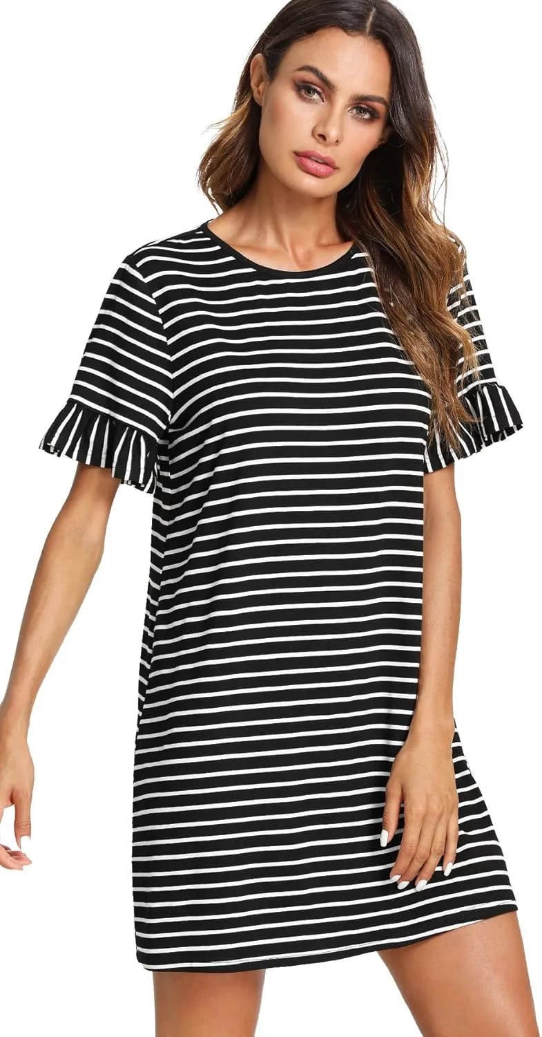 Floerns Women's Summer Casual Ruffle Short Sleeve Tunic Striped T-Shirt Dress