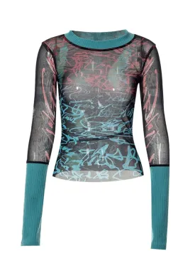 Grafitti Art Pullover Mesh Long Sleeve T-Shirt
