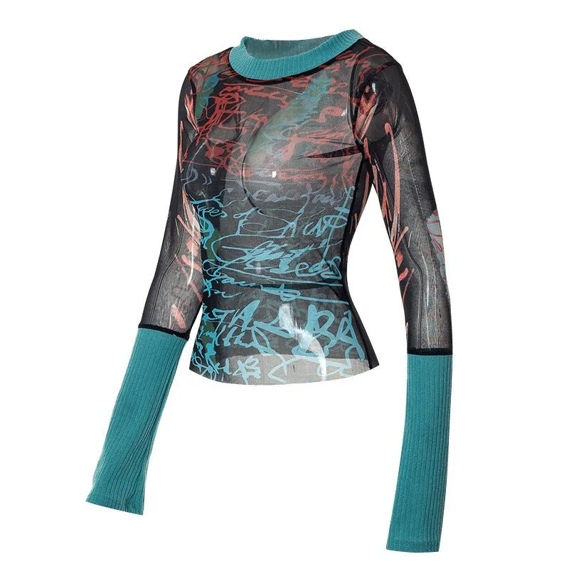 Grafitti Art Pullover Mesh Long Sleeve T-Shirt