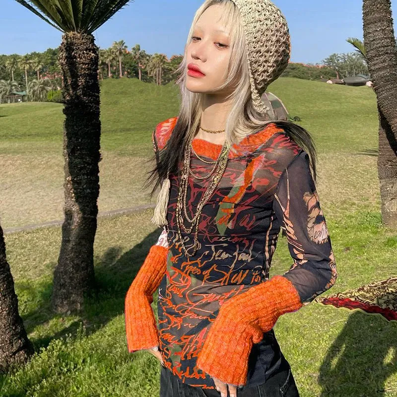 Grafitti Art Pullover Mesh Long Sleeve T-Shirt