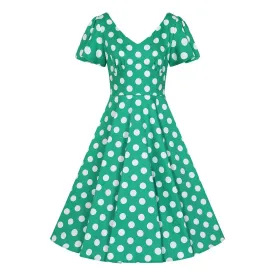 Green & White Polka Dot Short Sleeve 50s Swing Tea Dress