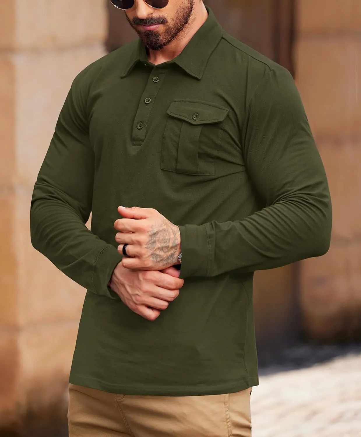Mens Polo Shirt Cotton Collared Long Sleeve with Pocket Classic Solid Color Button Shirts (S-XXL)