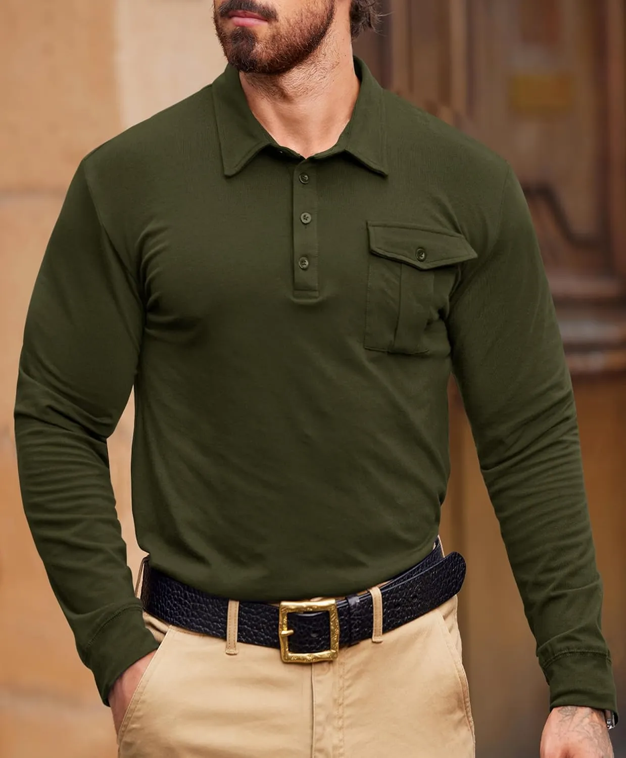 Mens Polo Shirt Cotton Collared Long Sleeve with Pocket Classic Solid Color Button Shirts (S-XXL)