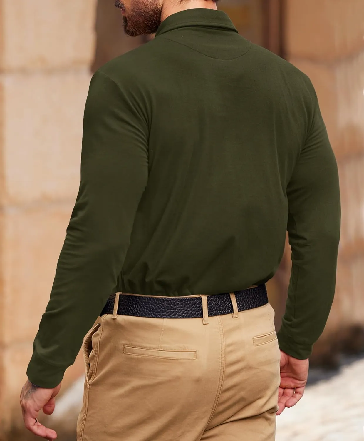 Mens Polo Shirt Cotton Collared Long Sleeve with Pocket Classic Solid Color Button Shirts (S-XXL)
