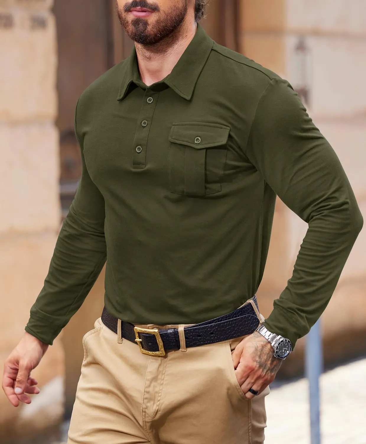 Mens Polo Shirt Cotton Collared Long Sleeve with Pocket Classic Solid Color Button Shirts (S-XXL)