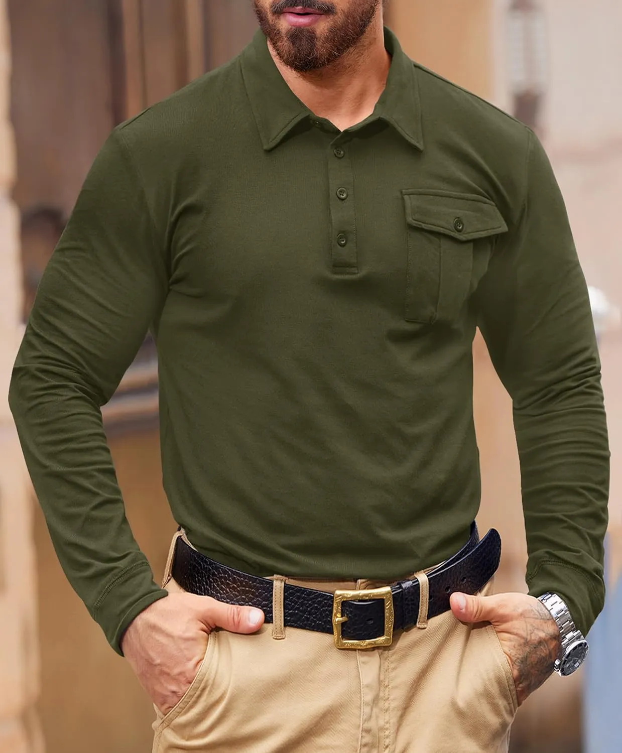 Mens Polo Shirt Cotton Collared Long Sleeve with Pocket Classic Solid Color Button Shirts (S-XXL)