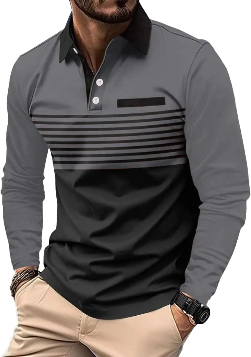 Men's Polo Shirts Long Sleeve 2024 Casual Polo T-Shirts Color Block Slim Fit Golf Polo Shirt with Pocket