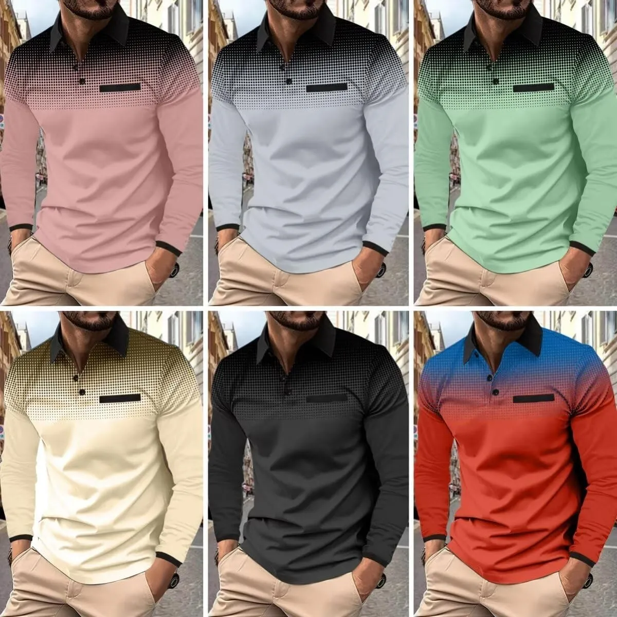 Men's Polo Shirts Long Sleeve 2024 Casual Polo T-Shirts Color Block Slim Fit Golf Polo Shirt with Pocket