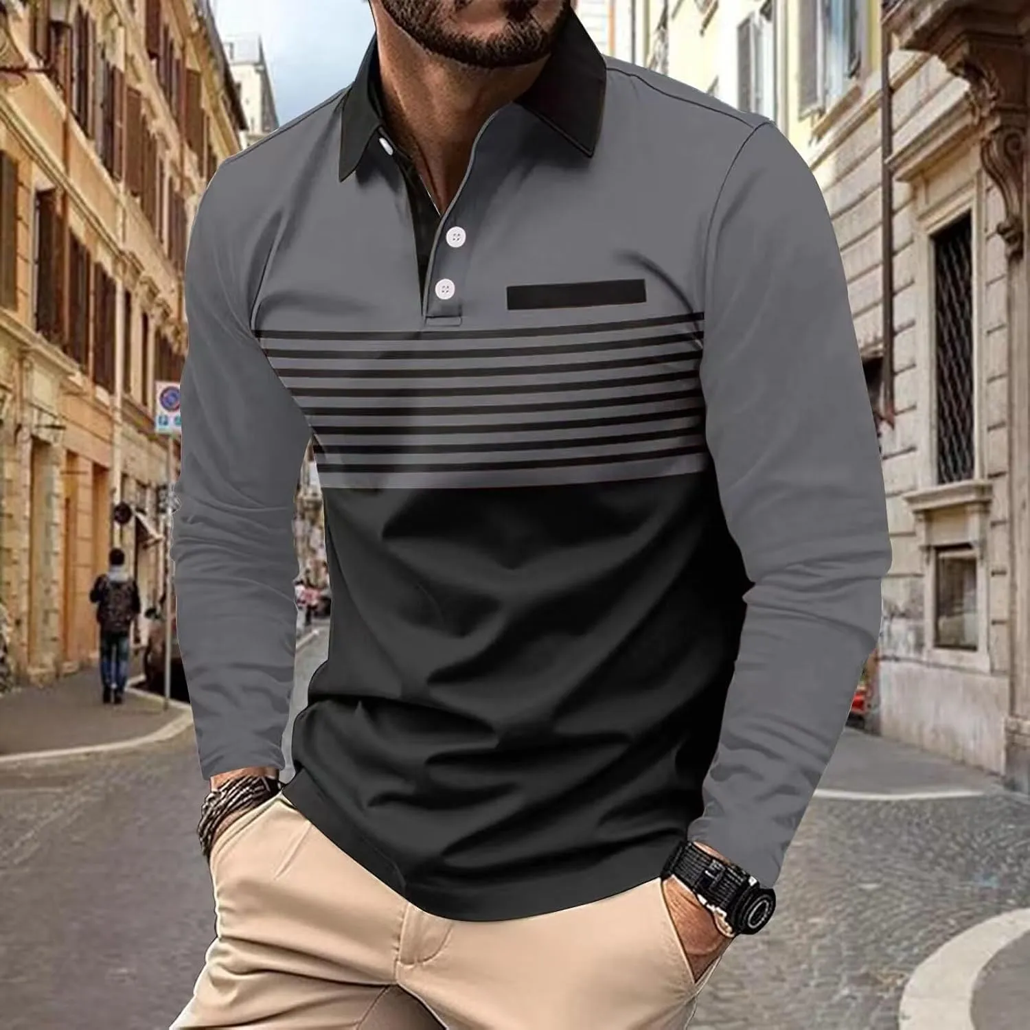 Men's Polo Shirts Long Sleeve 2024 Casual Polo T-Shirts Color Block Slim Fit Golf Polo Shirt with Pocket