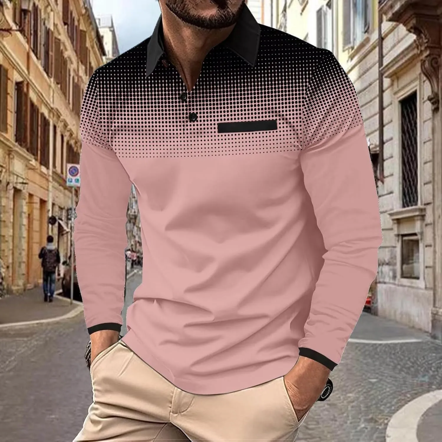 Men's Polo Shirts Long Sleeve 2024 Casual Polo T-Shirts Color Block Slim Fit Golf Polo Shirt with Pocket