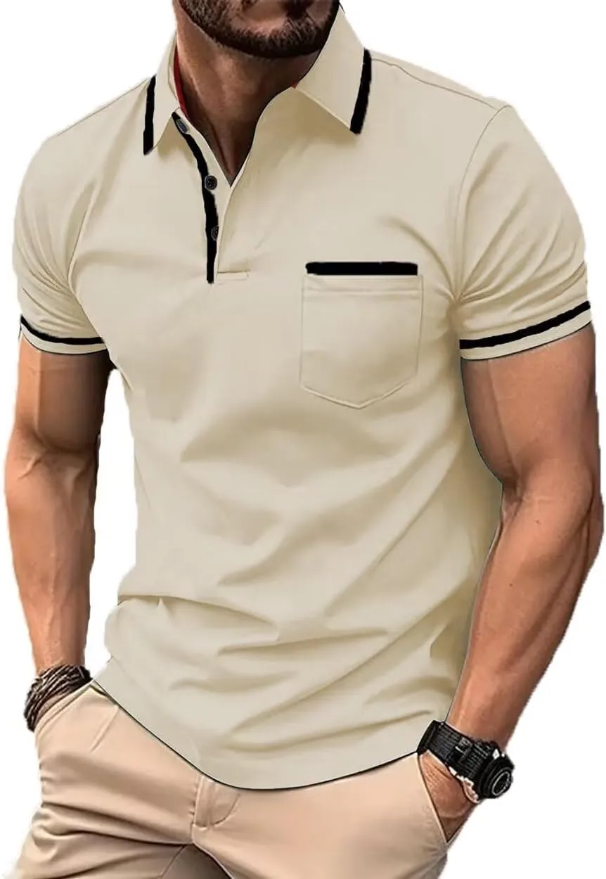 Men's Polo Shirts Short Sleeve 2025 Casual Polo T Shirt Color Block Slim Fit Golf Shirts with Pocket