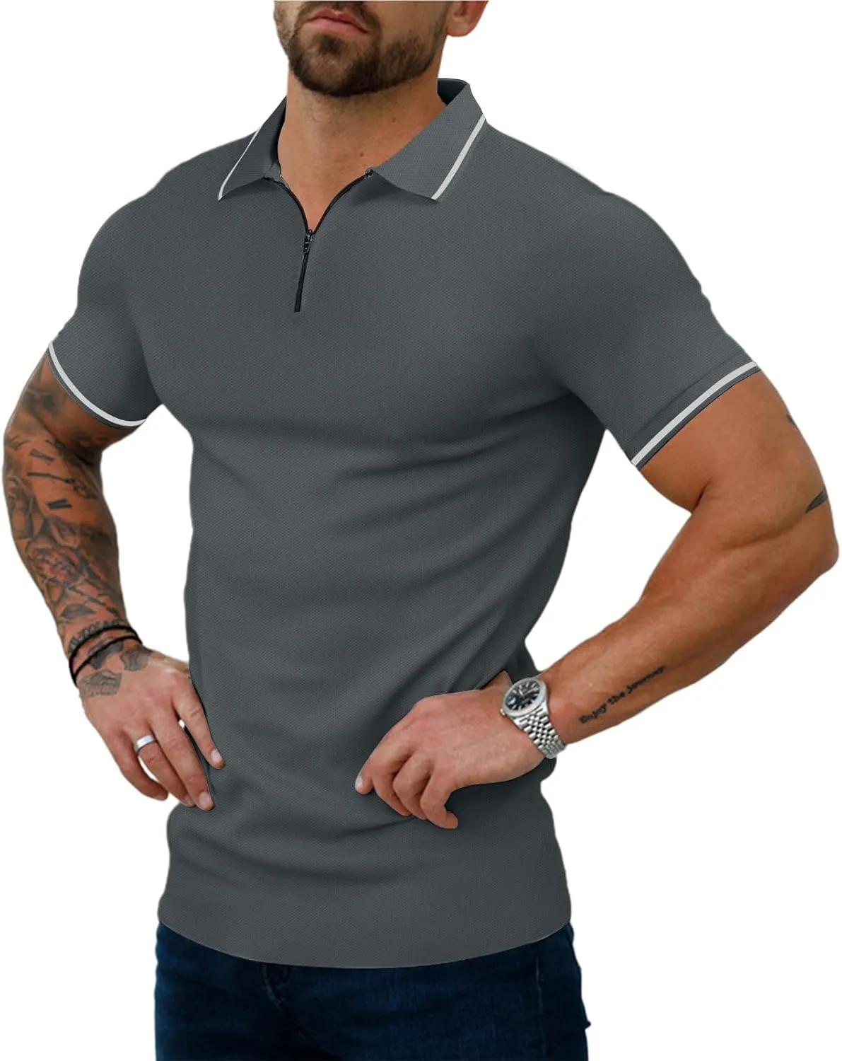 Men's Zipper Polo Shirts Short Sleeve Fashion Golf Shirts Summer Classic Fit Polo T Shirt