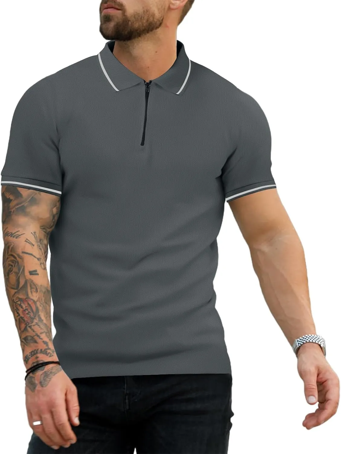 Men's Zipper Polo Shirts Short Sleeve Fashion Golf Shirts Summer Classic Fit Polo T Shirt