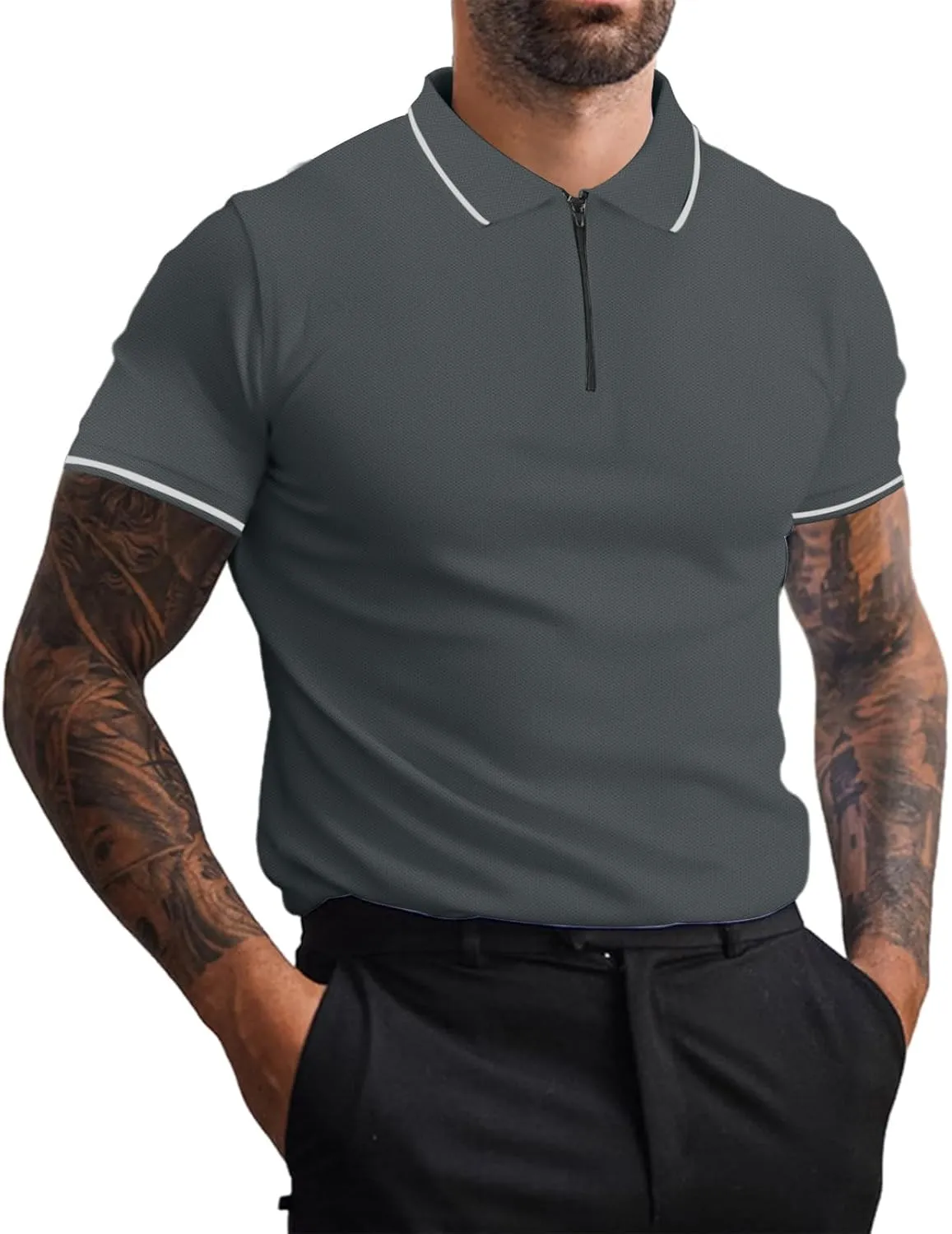Men's Zipper Polo Shirts Short Sleeve Fashion Golf Shirts Summer Classic Fit Polo T Shirt