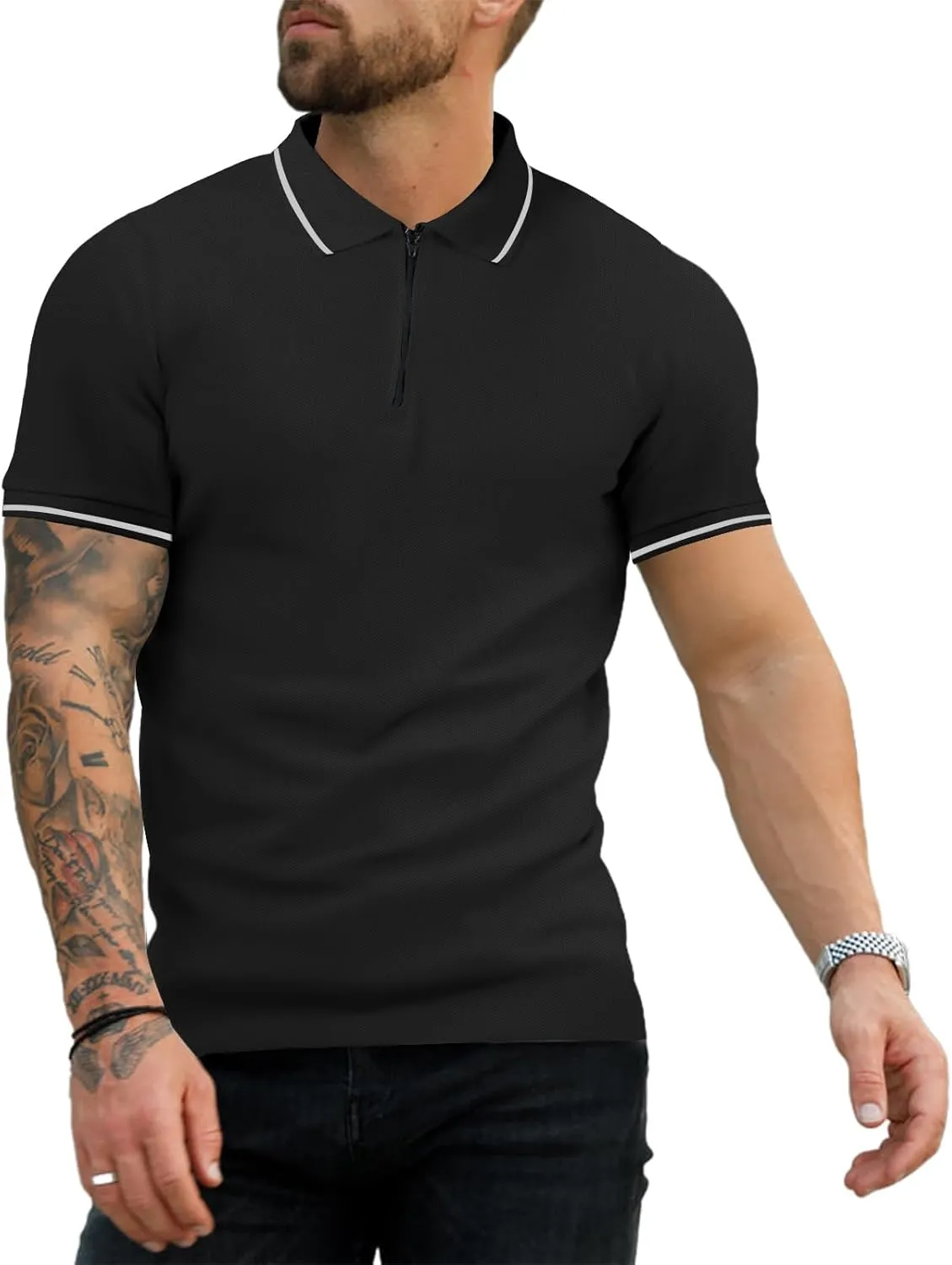 Men's Zipper Polo Shirts Short Sleeve Fashion Golf Shirts Summer Classic Fit Polo T Shirt
