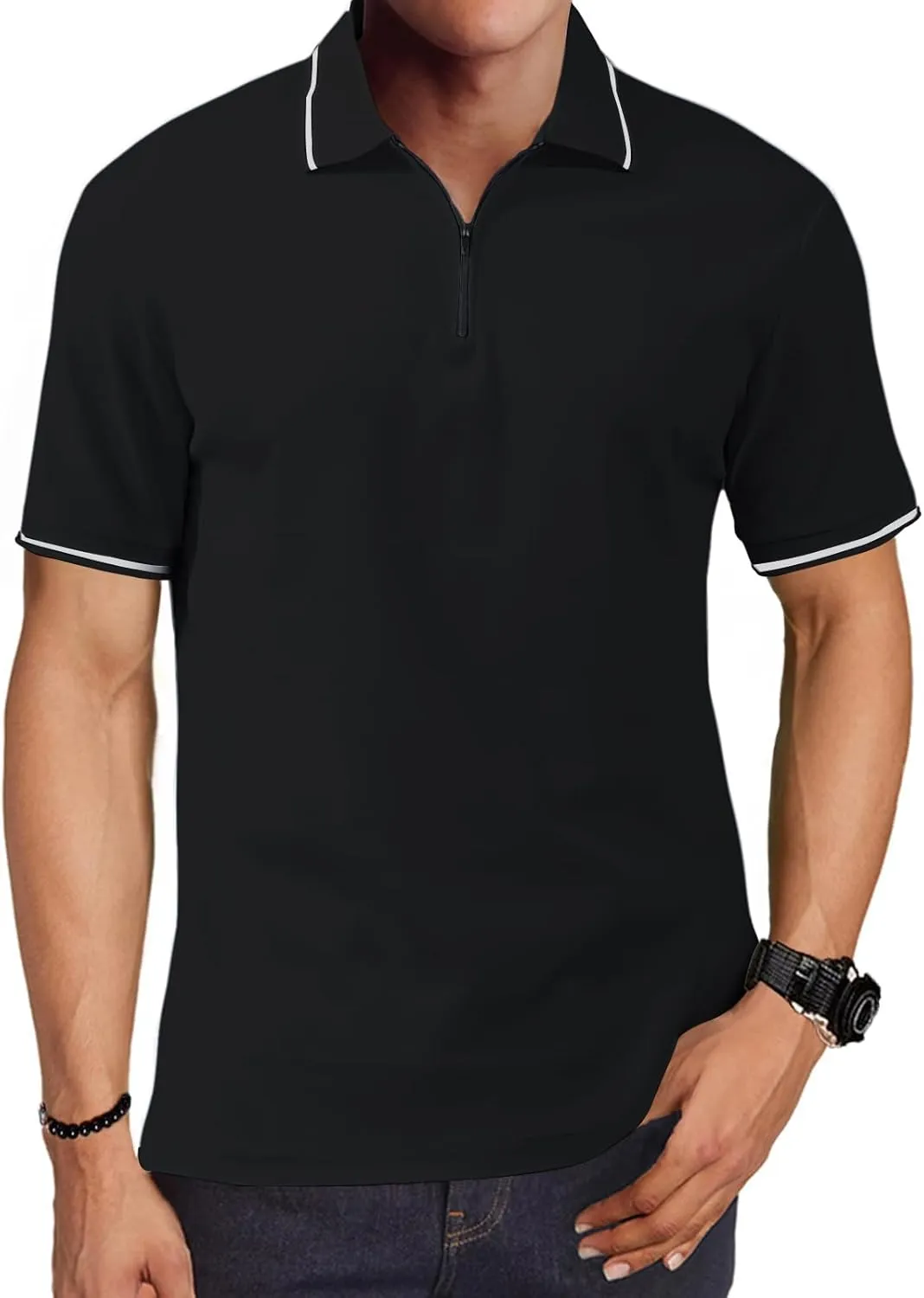 Men's Zipper Polo Shirts Short Sleeve Fashion Golf Shirts Summer Classic Fit Polo T Shirt