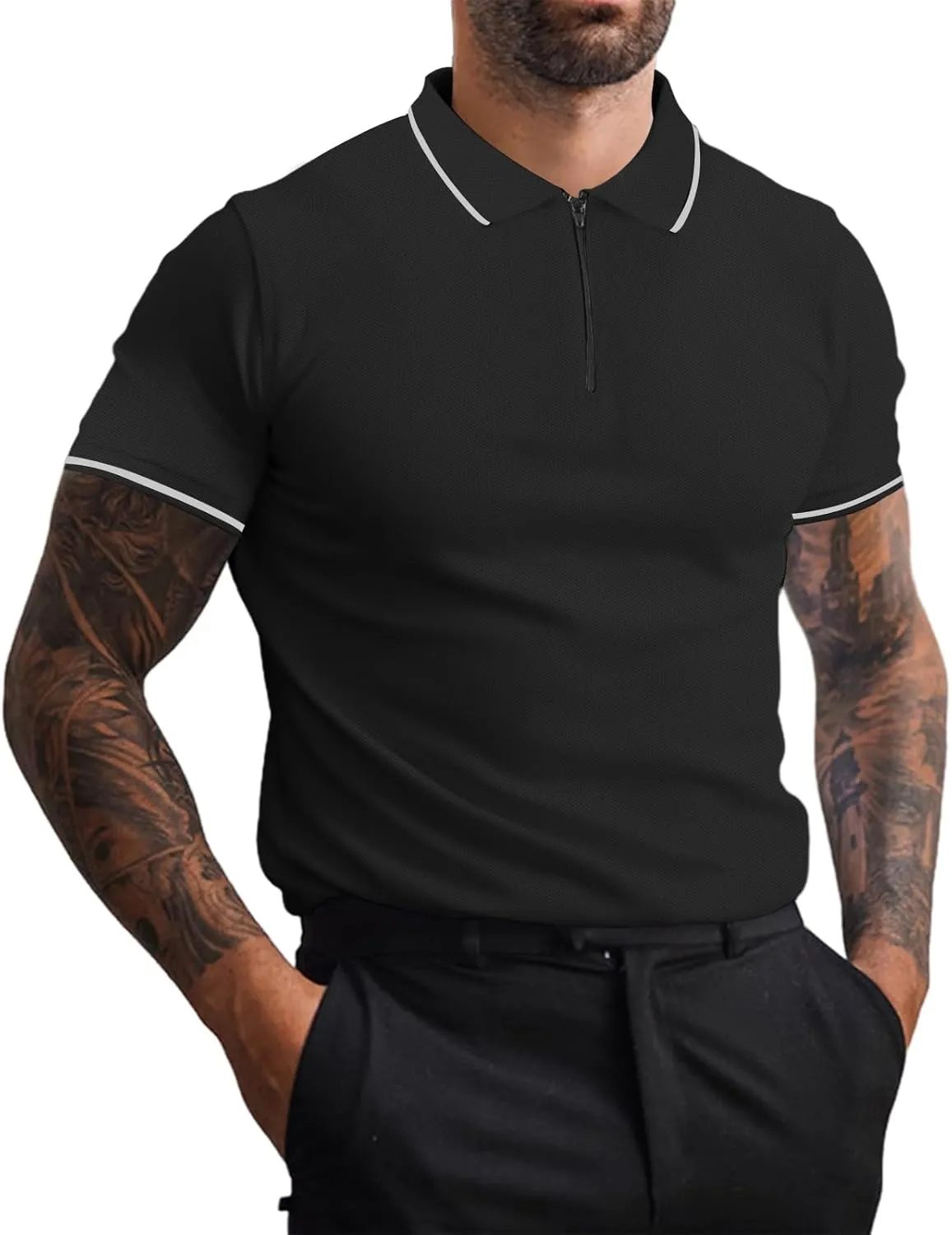Men's Zipper Polo Shirts Short Sleeve Fashion Golf Shirts Summer Classic Fit Polo T Shirt