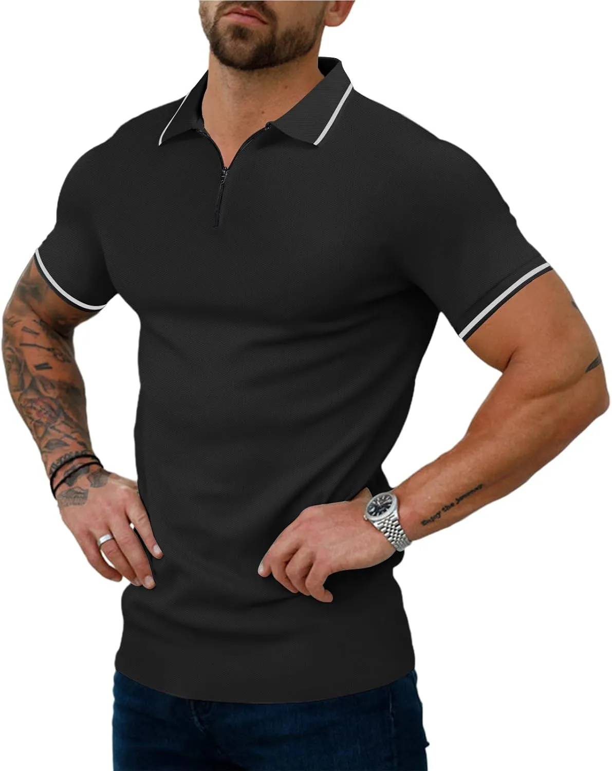 Men's Zipper Polo Shirts Short Sleeve Fashion Golf Shirts Summer Classic Fit Polo T Shirt