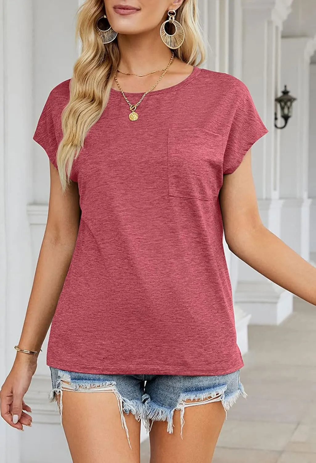 MEROKEETY Women's Casual Cap Sleeve T Shirts Basic Summer Tops Loose Solid Color Blouse