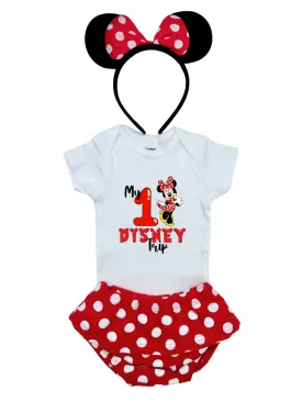First Disney Trip - Adorable and Comfortable Minnie Mouse Theme Polka Dot Diaper Skirt and Bodysuit Outfit for Baby Girl