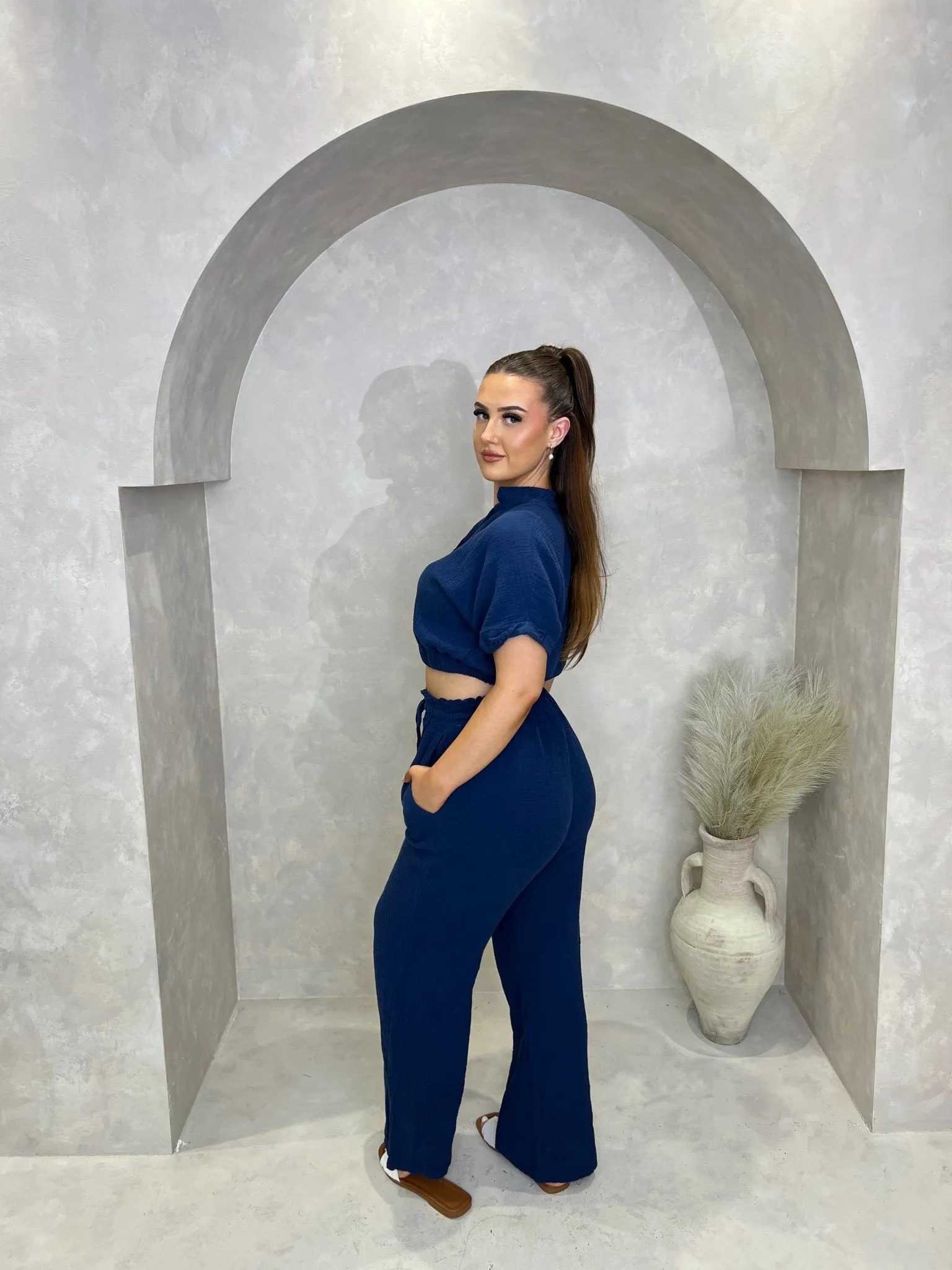 Navy Santorini Broderie Anglaise Trimmed Cropped Shirt