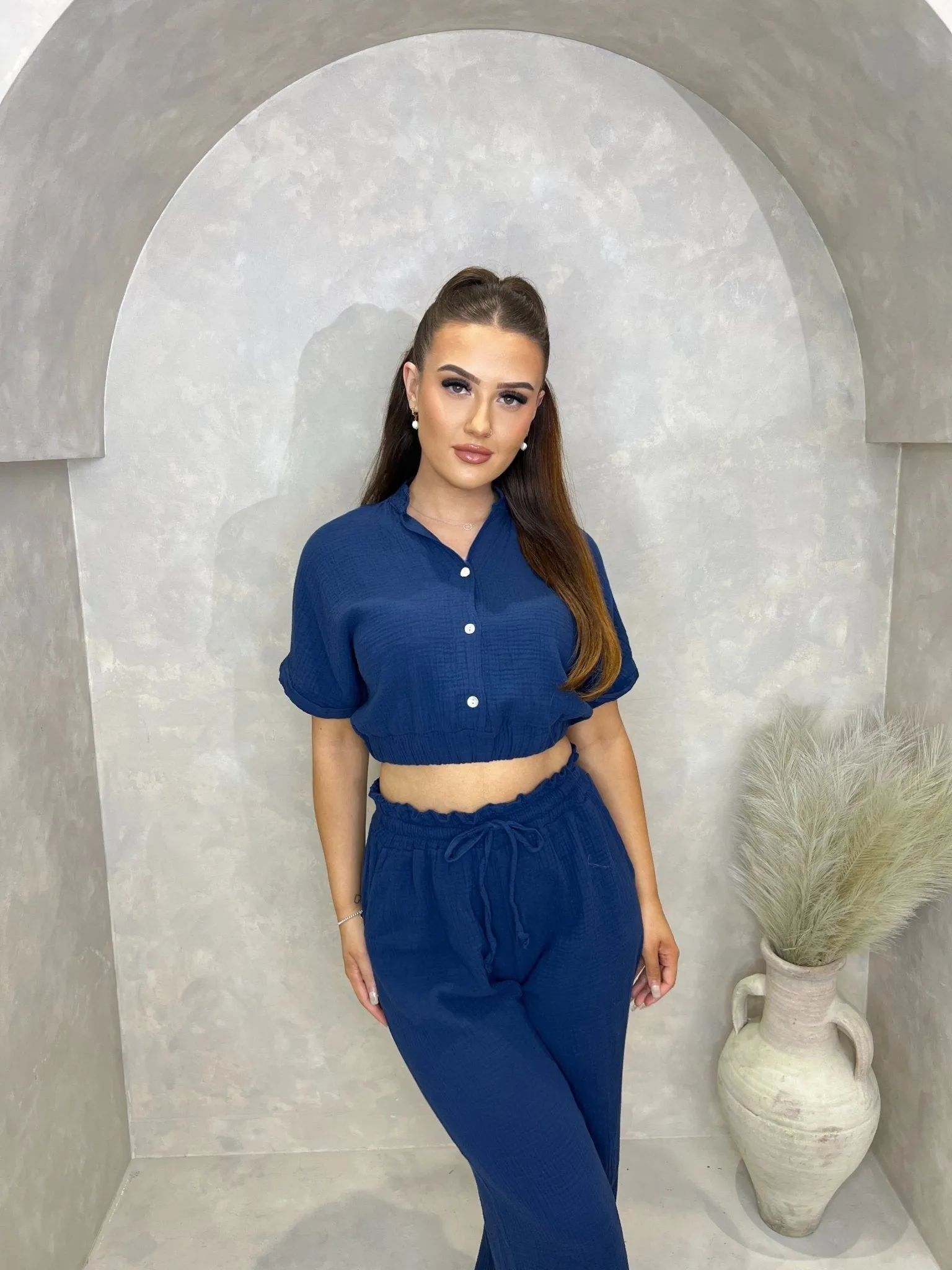 Navy Santorini Broderie Anglaise Trimmed Cropped Shirt
