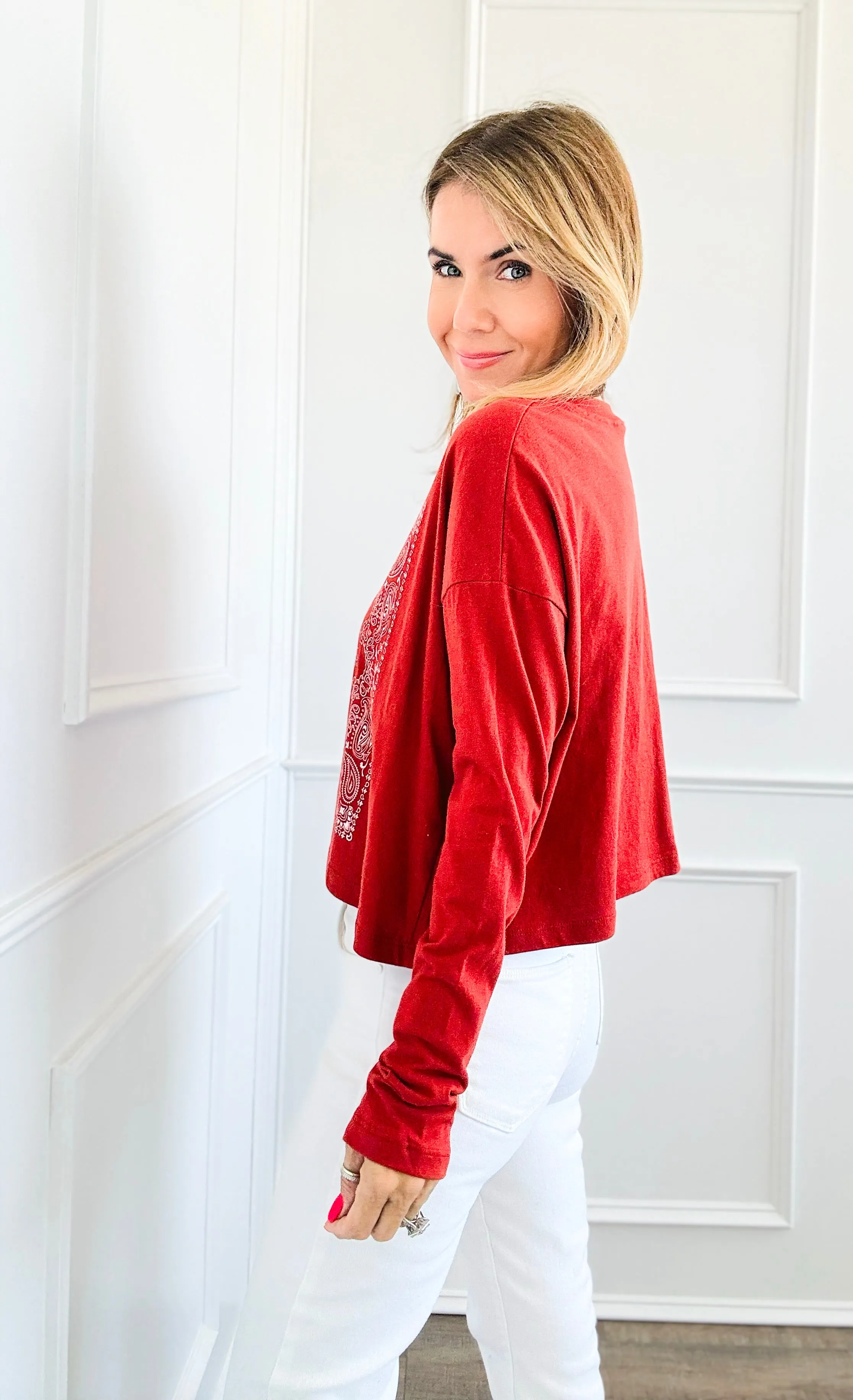 Paisley Print Long Sleeves Top - Rust