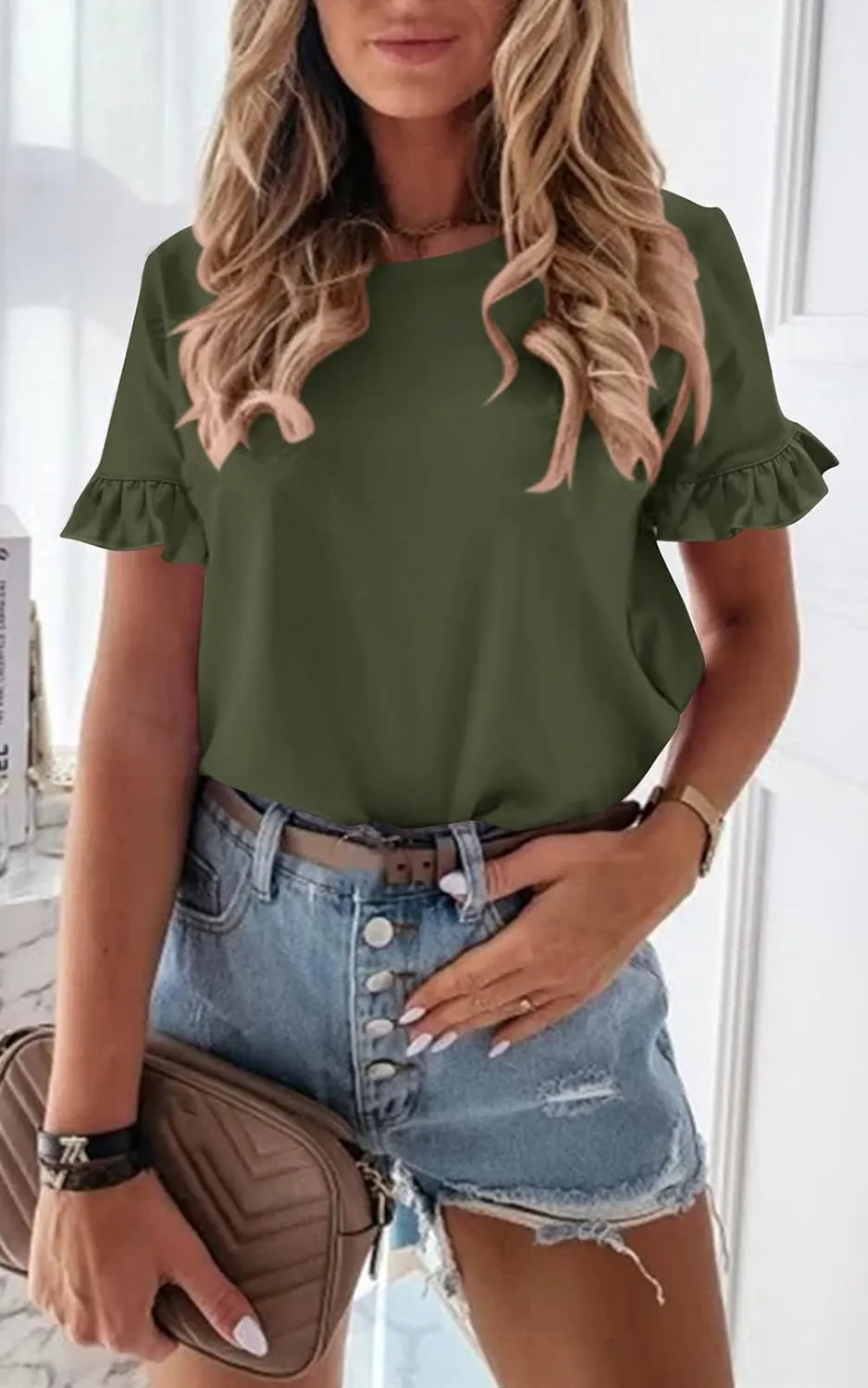 PRETTYGARDEN Women's Short Sleeve Casual T Shirts Summer Ruffle Plain Round Neck Loose Fit Tee Blouse Tops