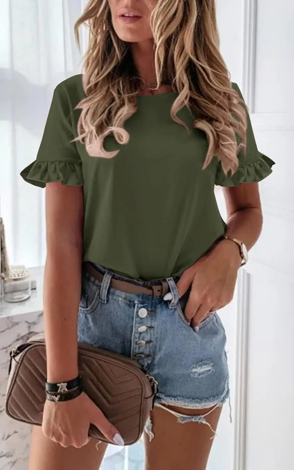 PRETTYGARDEN Women's Short Sleeve Casual T Shirts Summer Ruffle Plain Round Neck Loose Fit Tee Blouse Tops