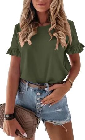 PRETTYGARDEN Women's Short Sleeve Casual T Shirts Summer Ruffle Plain Round Neck Loose Fit Tee Blouse Tops