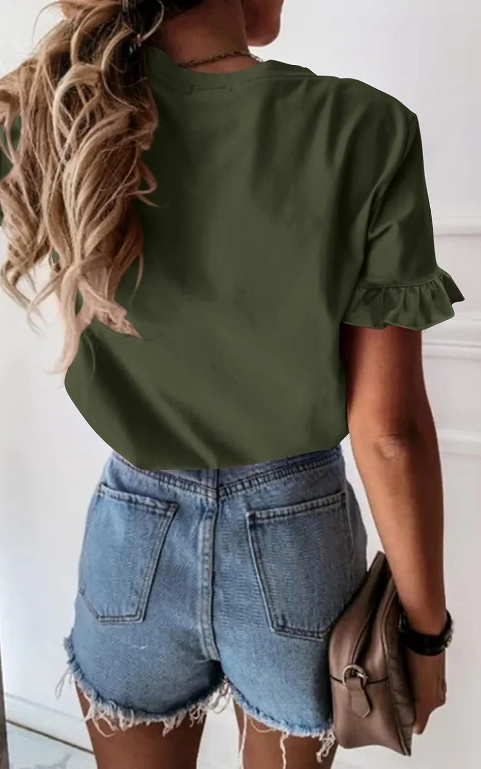 PRETTYGARDEN Women's Short Sleeve Casual T Shirts Summer Ruffle Plain Round Neck Loose Fit Tee Blouse Tops