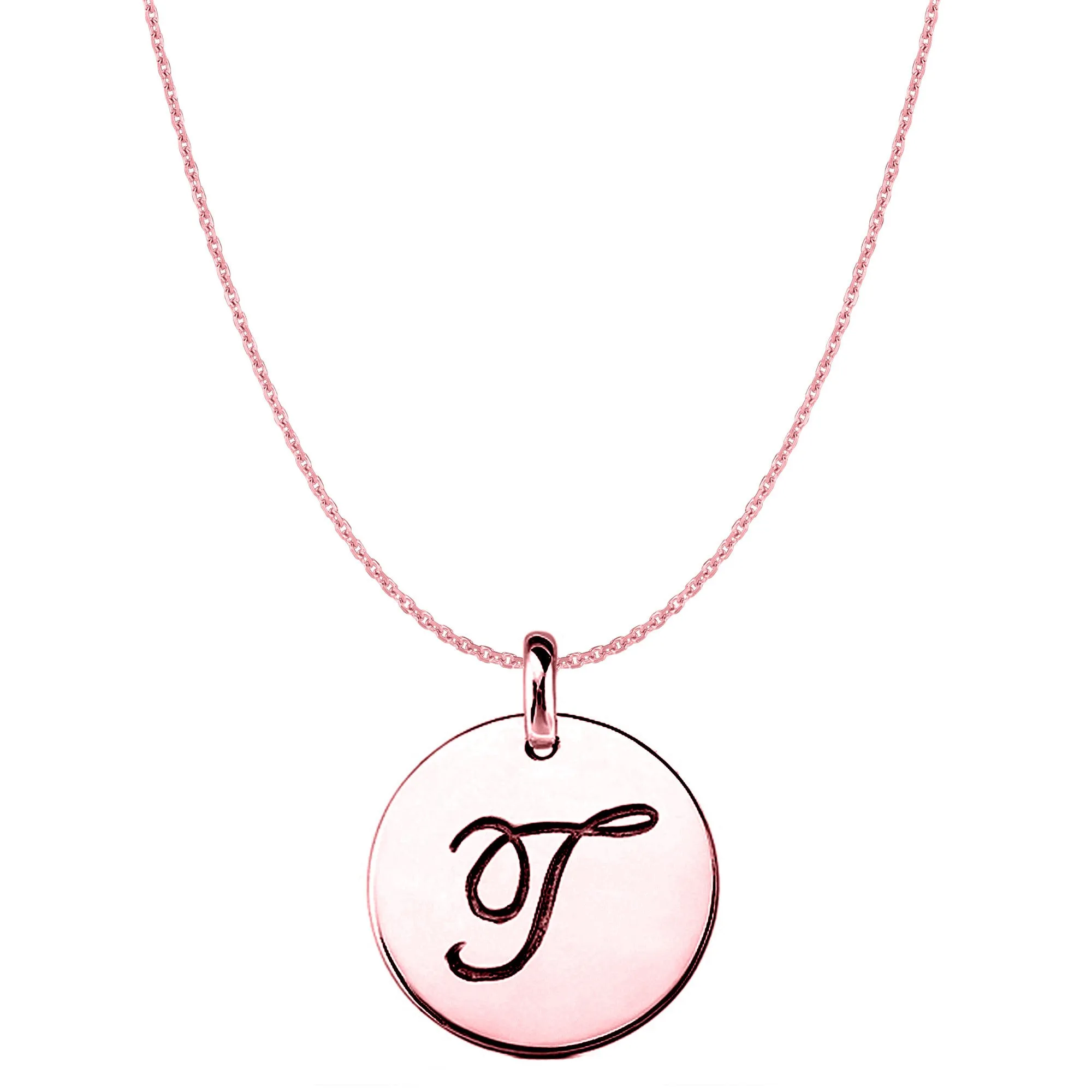 "T" 14K Rose Gold Script Engraved Initial Disk Pendant