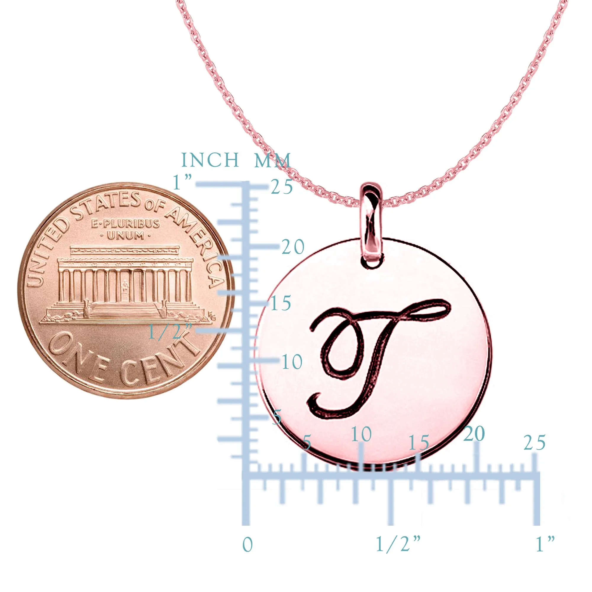 "T" 14K Rose Gold Script Engraved Initial Disk Pendant