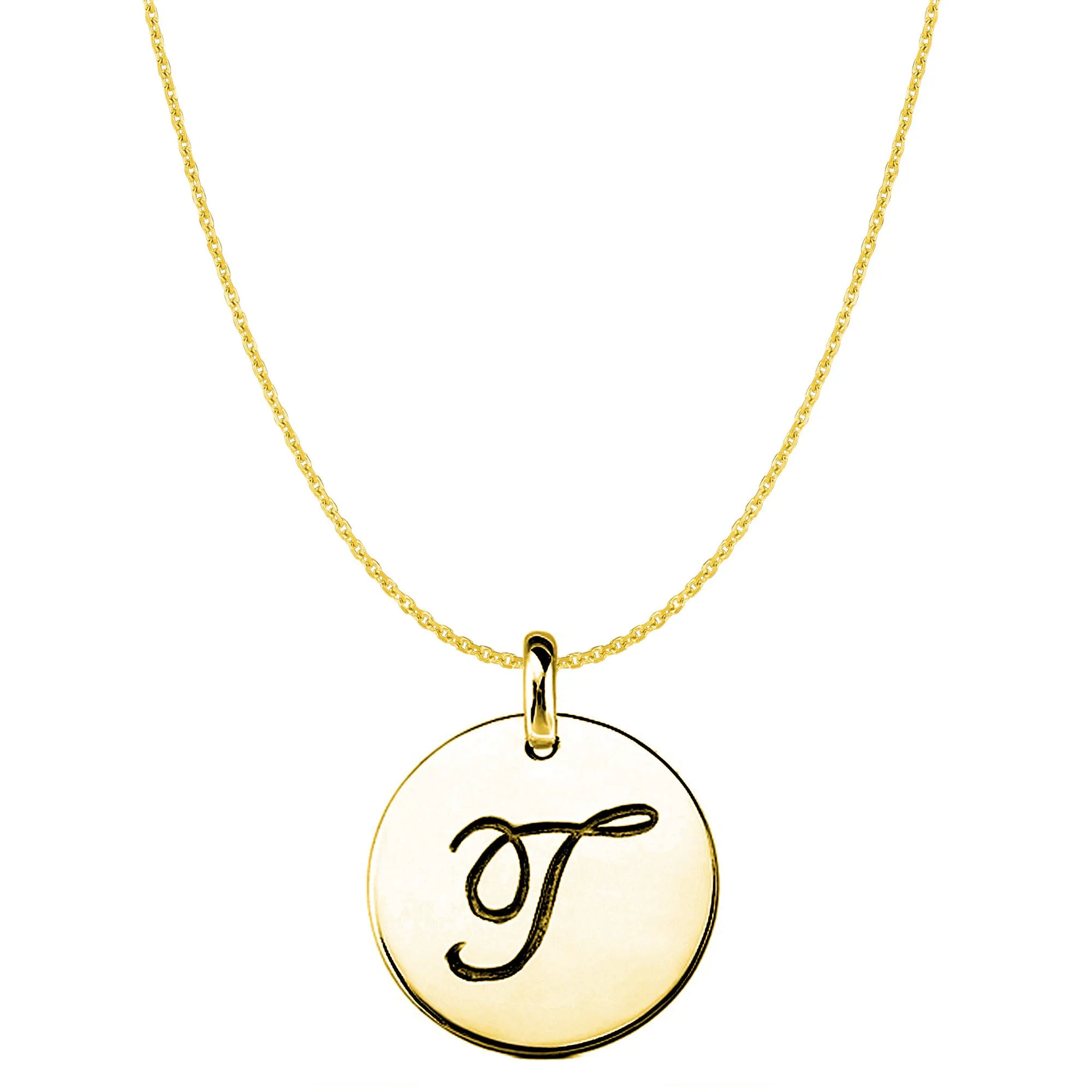 "T" 14K Yellow Gold Script Engraved Initial Disk Pendant