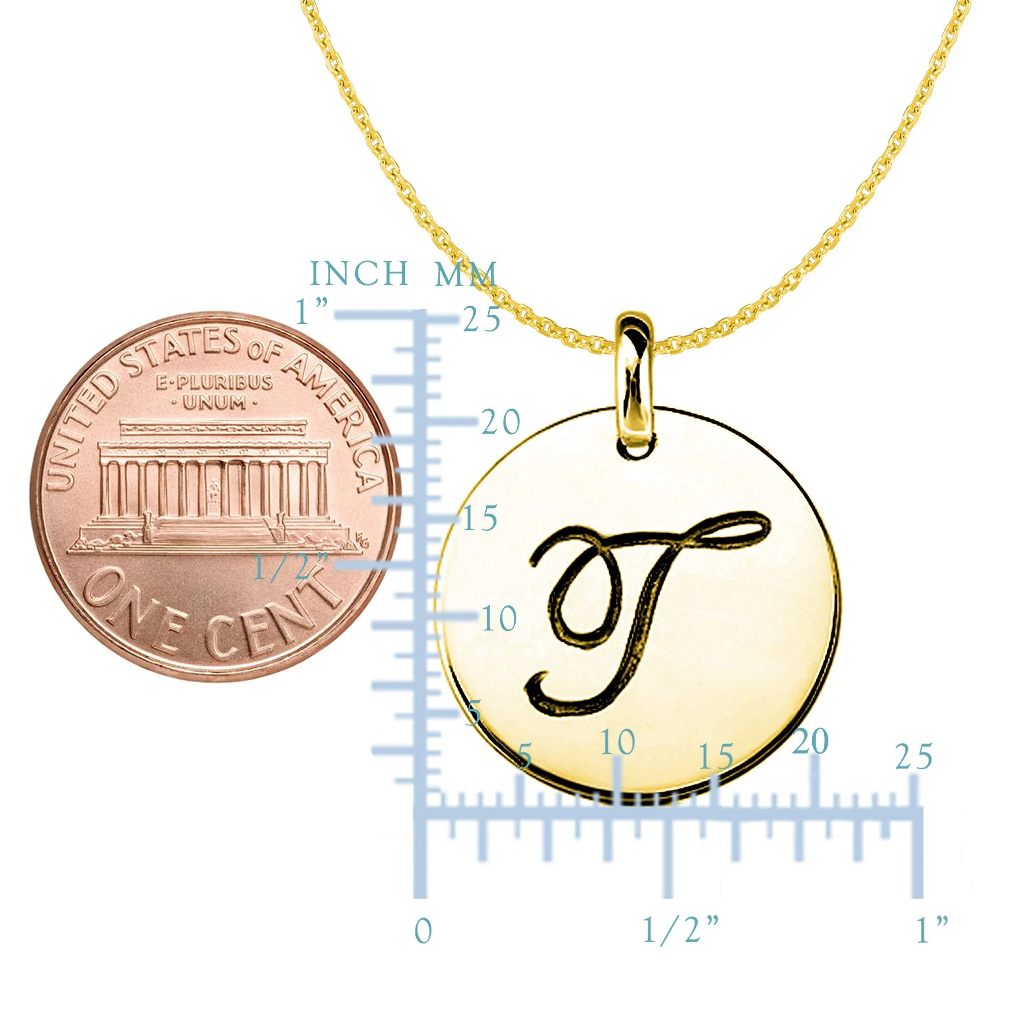 "T" 14K Yellow Gold Script Engraved Initial Disk Pendant