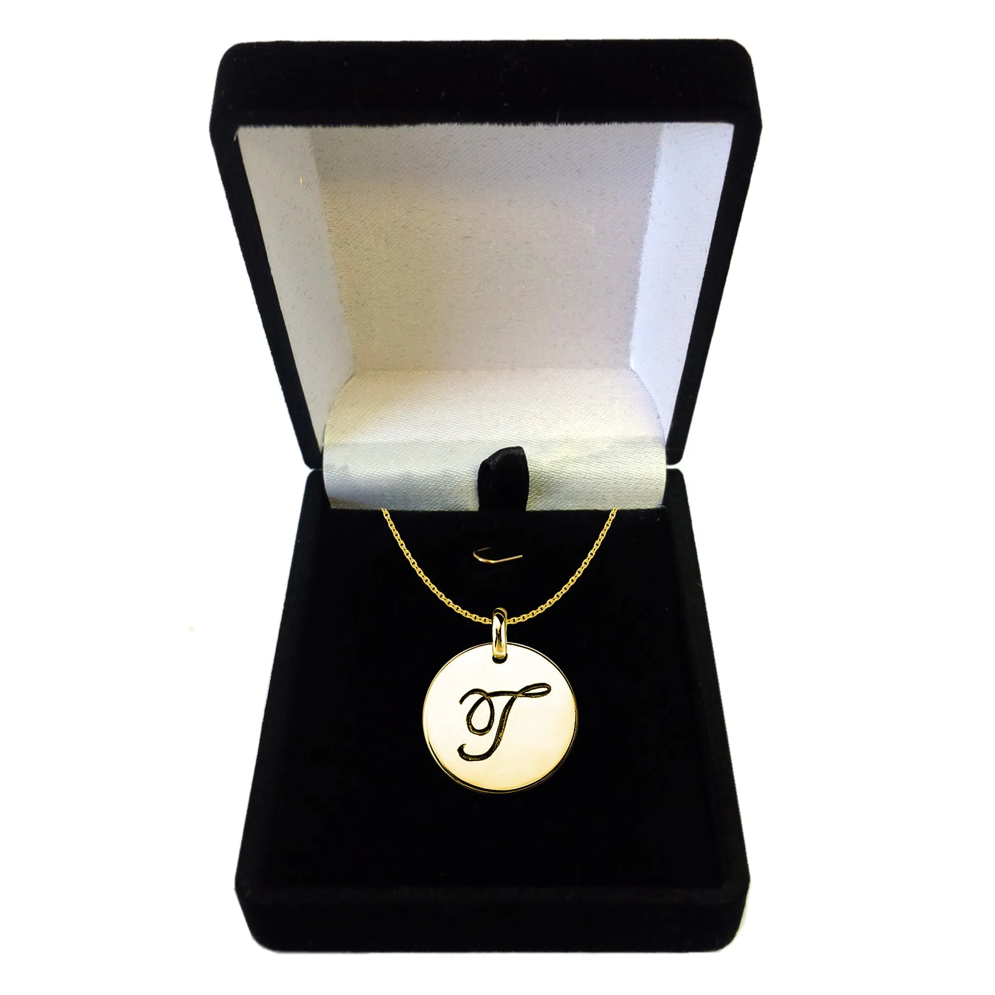 "T" 14K Yellow Gold Script Engraved Initial Disk Pendant