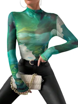Remidoo Womens Sexy Sheer Mesh Long Sleeve Tops Round Neck Fitted T Shirt