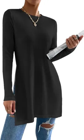 Remidoo Womens Side Slit Long Sleeve T Shirt Crew Neck Solid Casual Tops