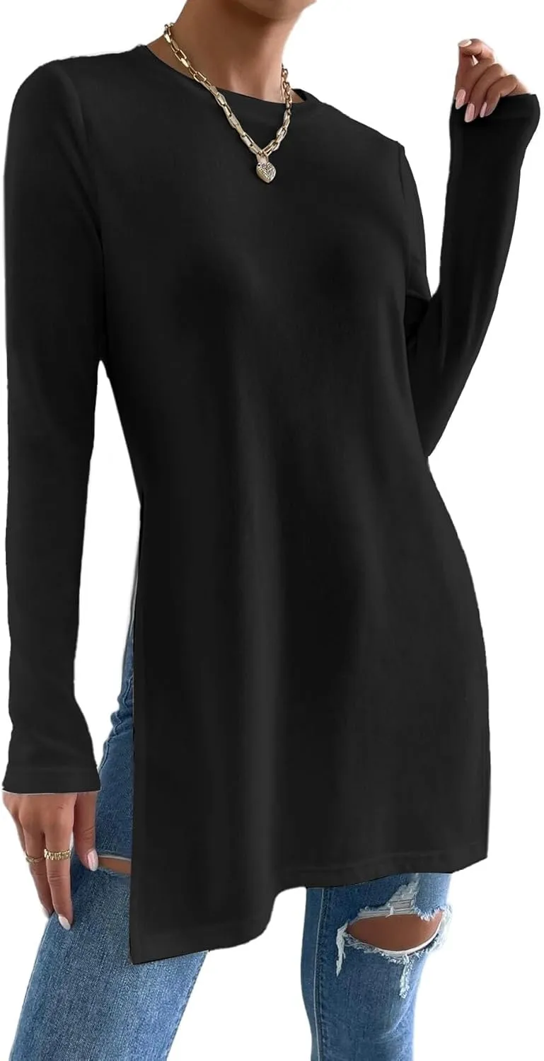 Remidoo Womens Side Slit Long Sleeve T Shirt Crew Neck Solid Casual Tops
