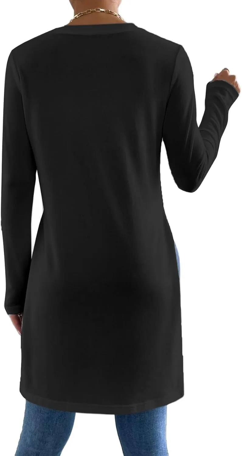 Remidoo Womens Side Slit Long Sleeve T Shirt Crew Neck Solid Casual Tops