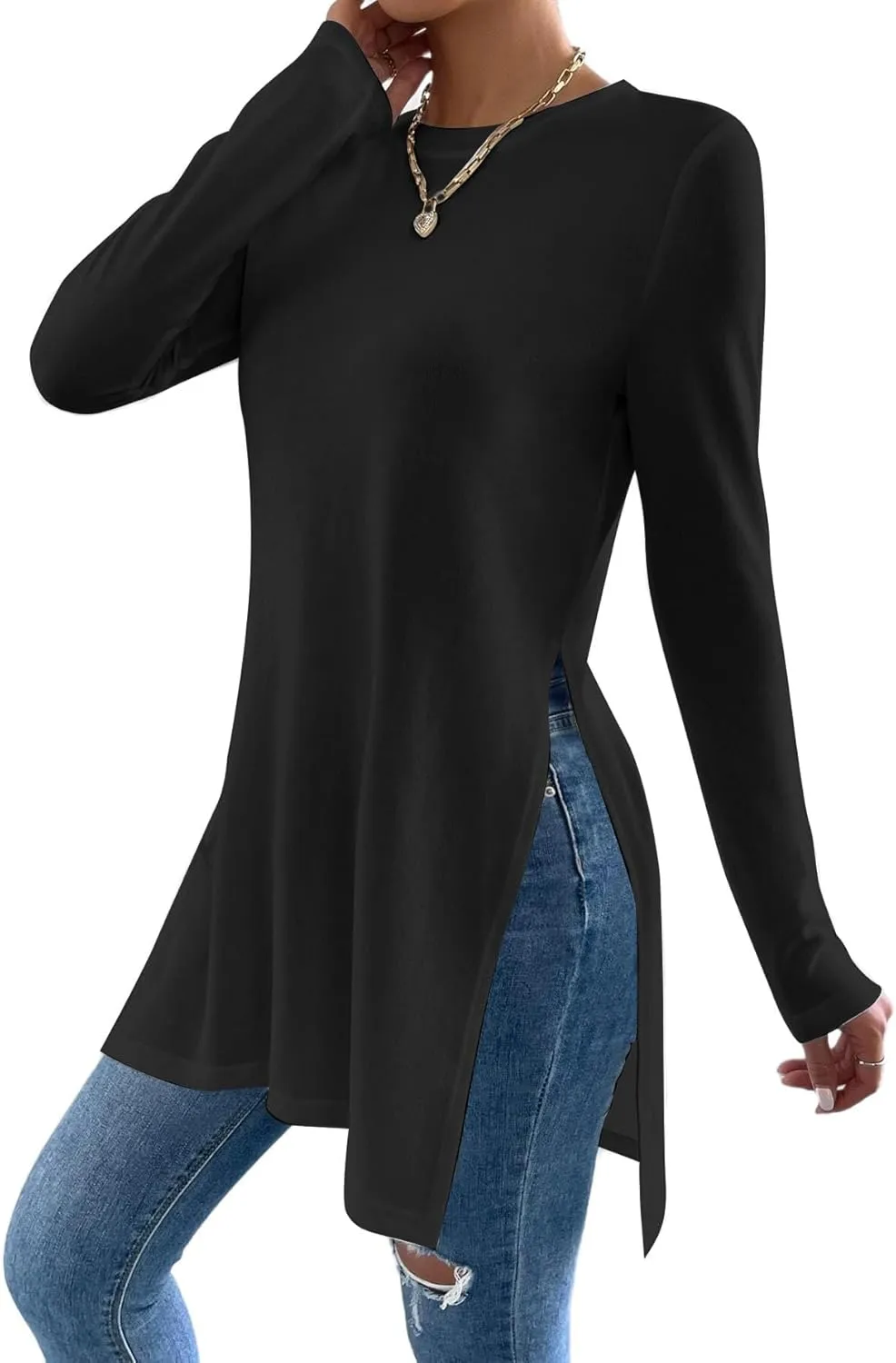 Remidoo Womens Side Slit Long Sleeve T Shirt Crew Neck Solid Casual Tops